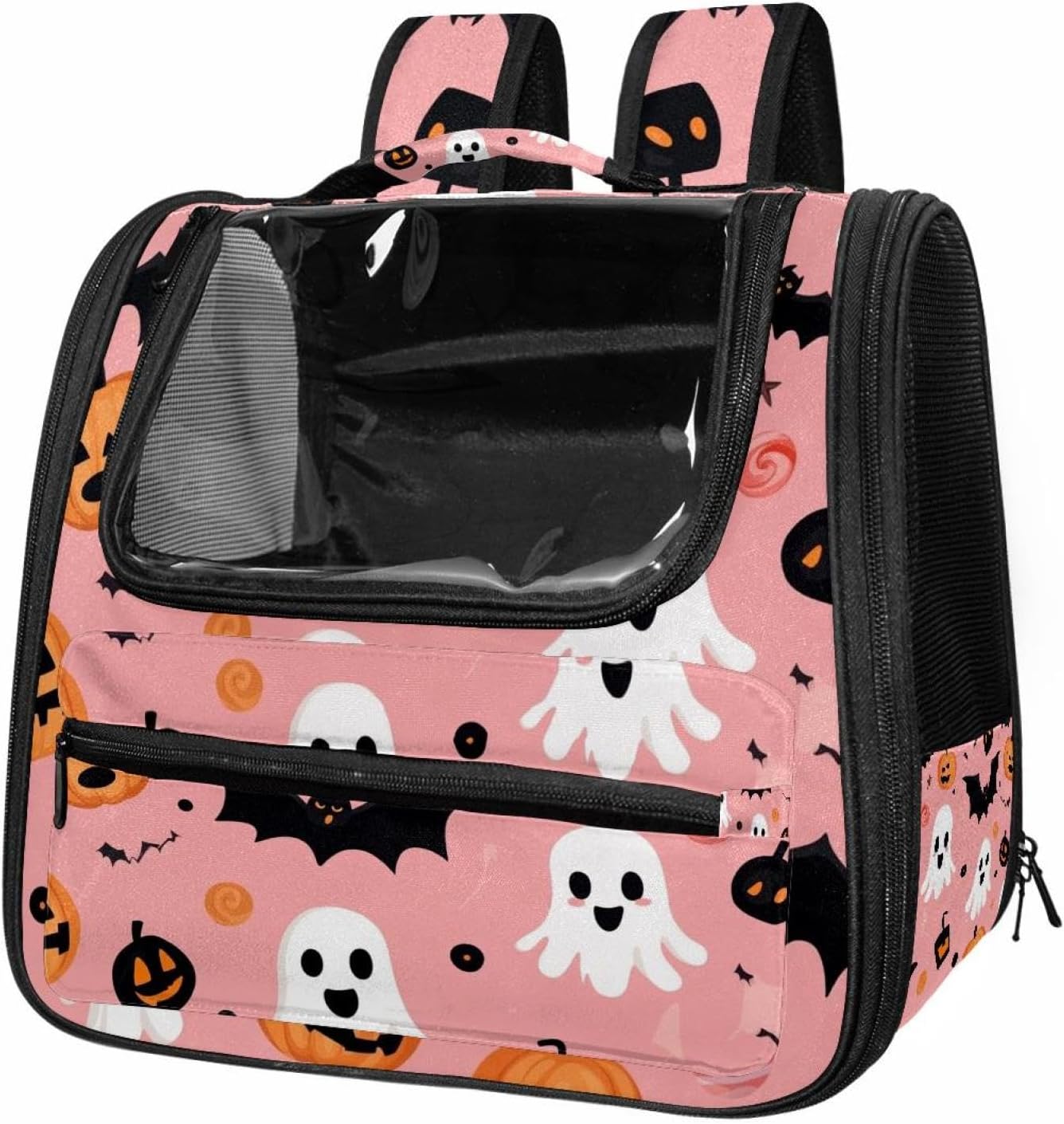 Portable Travel pet Backpack Carrier Hamster Bag Small Dog cat Carrier Breathable Hang Bag, Halloween Bats Candies Pumpkins
