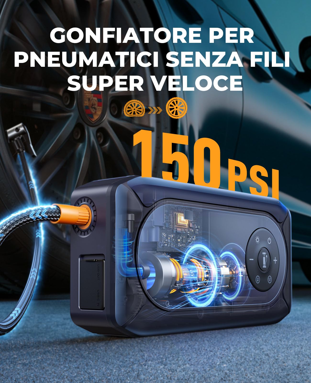 Avviatore Emergenza per Auto 7500A con Compressore 150PSI, YaberAuto Booster Avviamento Auto per Tutti Gas/8.0L Diesel, 12V Starter Batteria, Guanti isolanti, 800 lumen Torcia