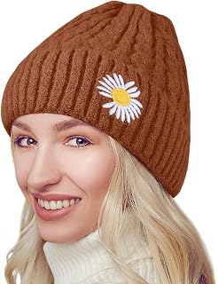 Women Knit Beanie Hats - Winter Fleece Lined Beanies Thermal Daisy Embroidery Cuffed Beanie Soft Warm Slouchy Toque