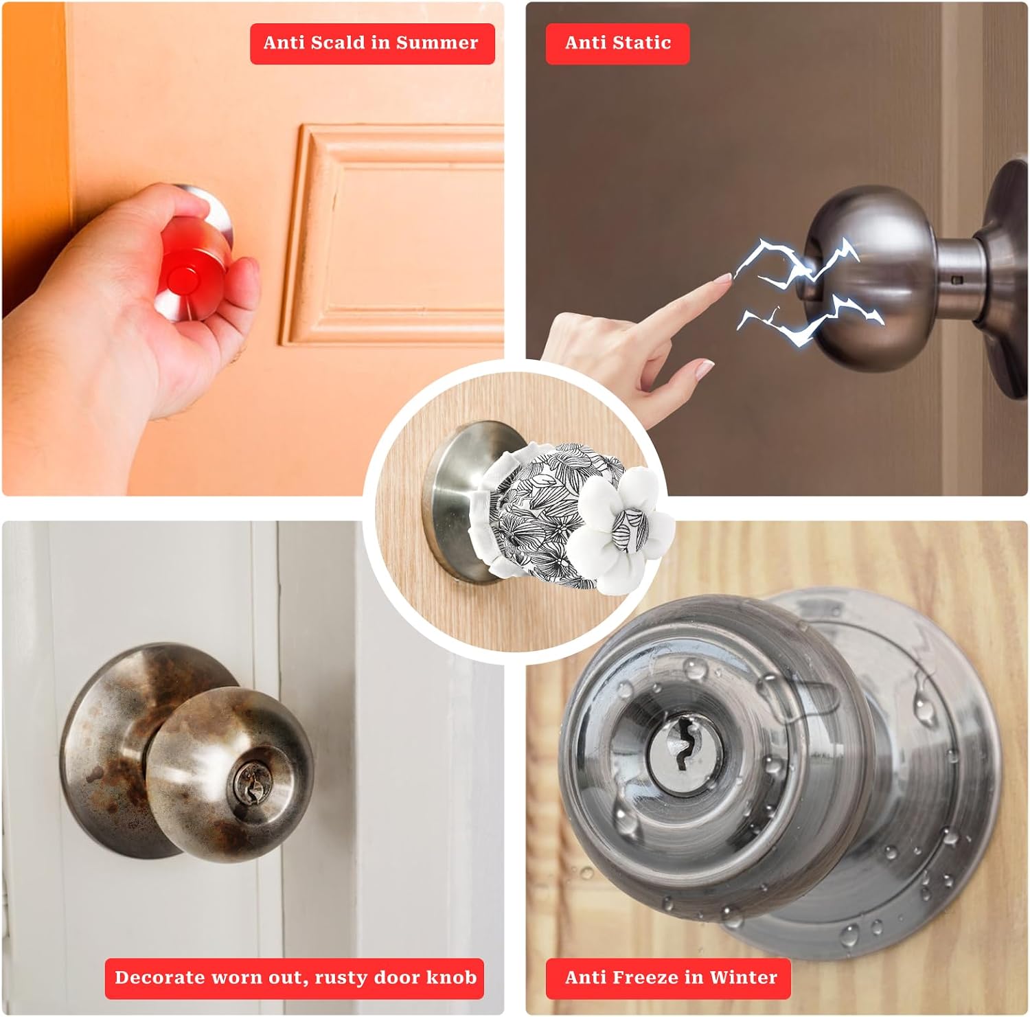 Sliverdew 4 Pcs Door Knob Covers with Sponge Black Floral Door Handle Cover Soft Door Knob Protector Round Knob Covers for Door Reusable Washable Decorative Door Handle Cushion