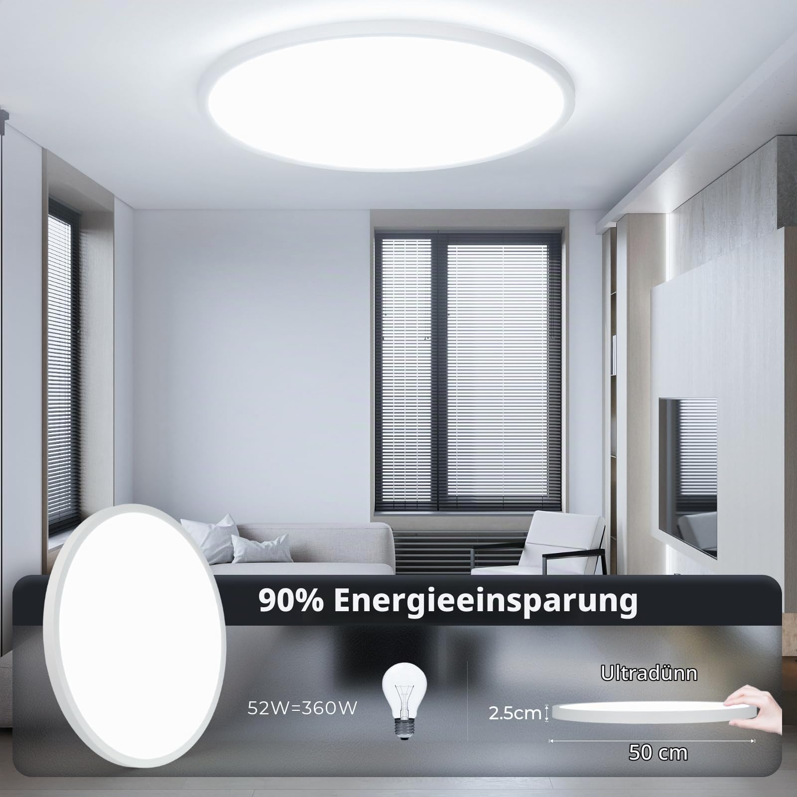 EASY EAGLE LED Deckenleuchte 50CM, Rund Deckenlampe 6500k 52W, Modern Badezimmer Lampe Led Panel Küchenlampe für Flur Schlafzimmer Balkon Wohnzimmer Küche Keller
