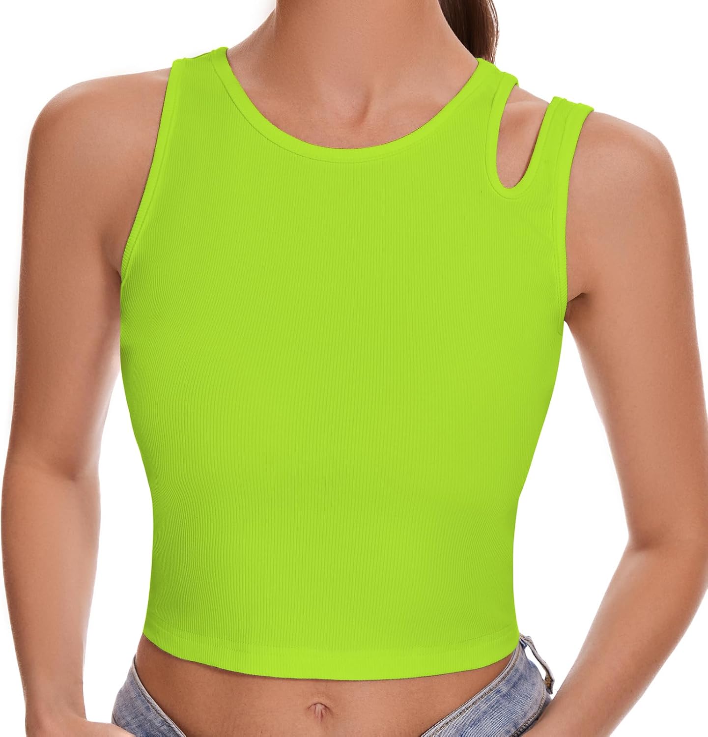 Womens Sleeveless Ribbed Tank Top Asymmetrical Shoulder Scoop Neck Casual Basic Fitted Crop Top