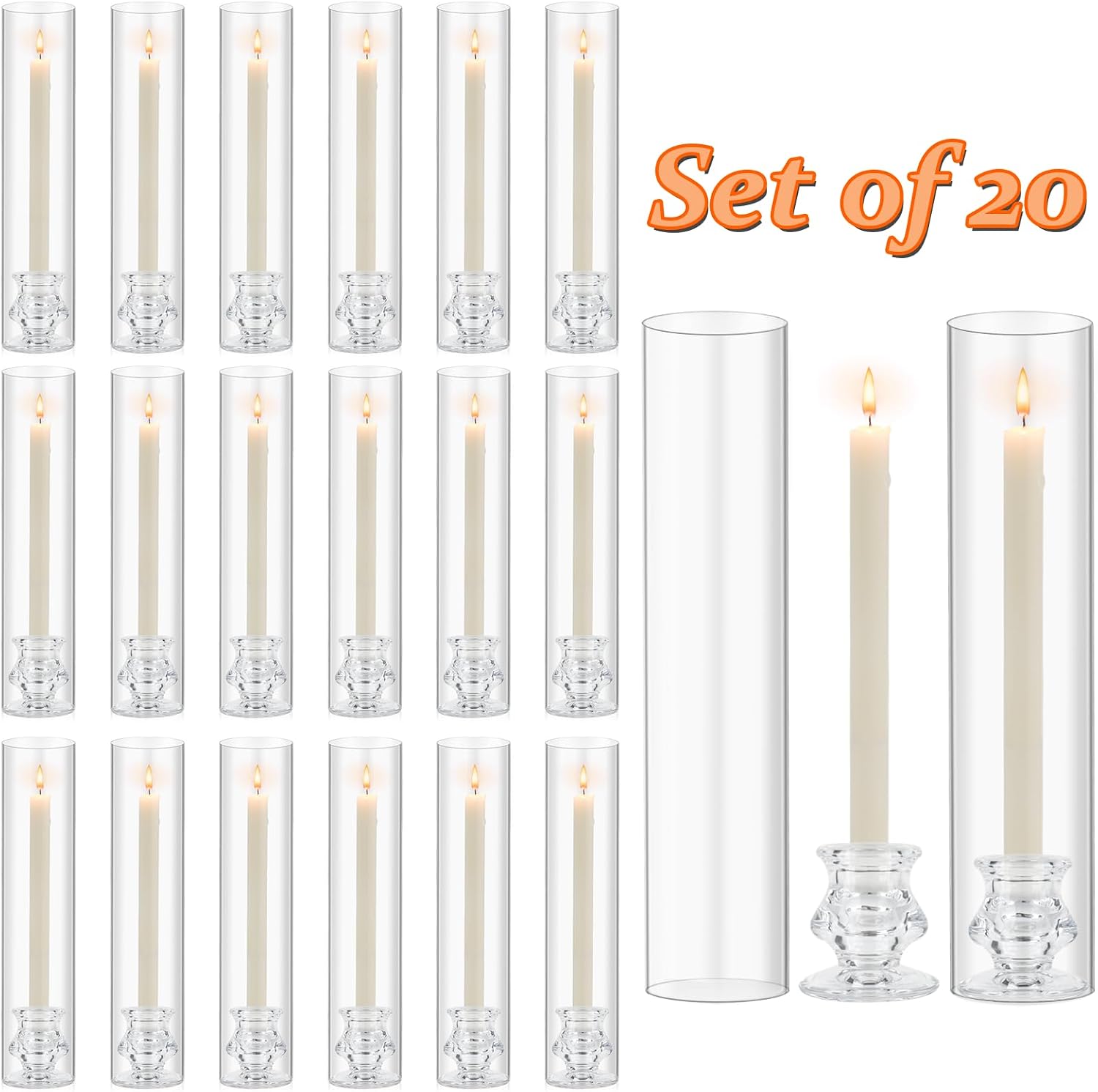 Hurricane Glass Candle Holders, Set of 20 Candlestick Holders for Taper Candles with 11.8" Tall Windproof Cylinder Cover Candle Stand Bulk for Table Centerpieces on Wedding Birthday Housewarming Decor