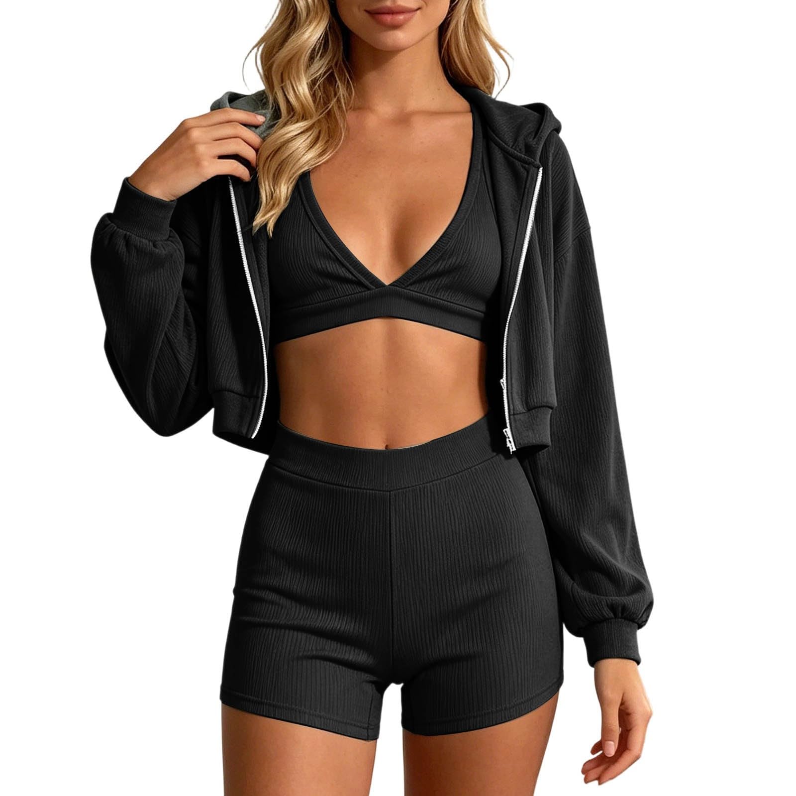 completi donna estivi donna, 3 pezzi, abbigliamento sportivo, felpa corta, top atletico, pantaloncini sportivi, abbigliamento casual per attività all'aperto, completo estivo completi estivi