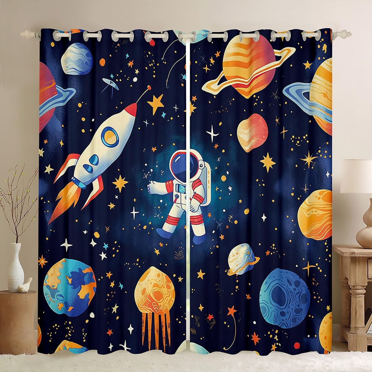 Homemissing Space Rocket Curtains (2 Panels,W46*L72) For Bedroom Kids Boys Teens Cosmonaut Spaceman Window Curtains Outer Space 30%-50% Blackout Curtains Universe Planets Room Decor Window Treatments