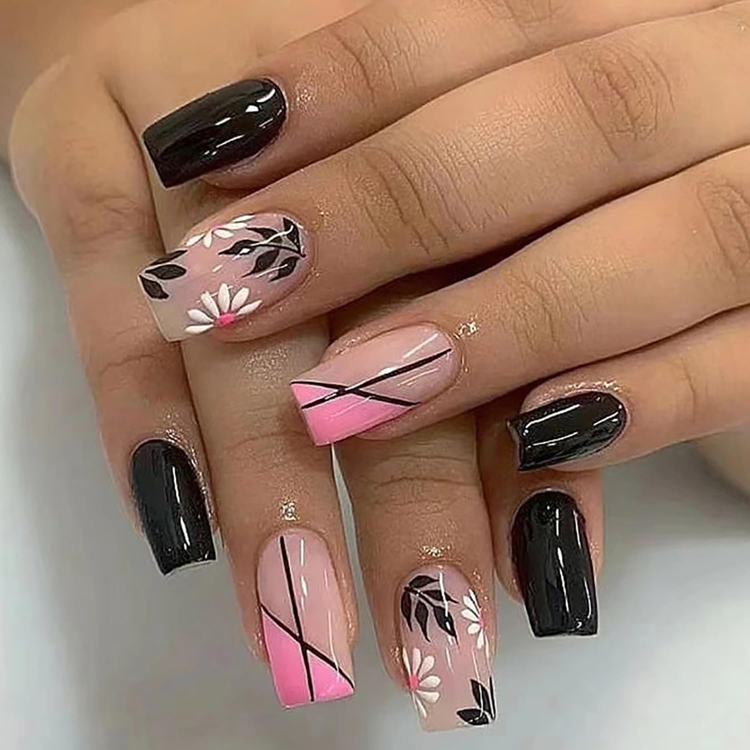 Vezocim Flower Artificial Black Fake Nails, Press on Nails Coffin Shape with Floral Designs, Glossy Short Acrylic Fingernails Square False Nails with