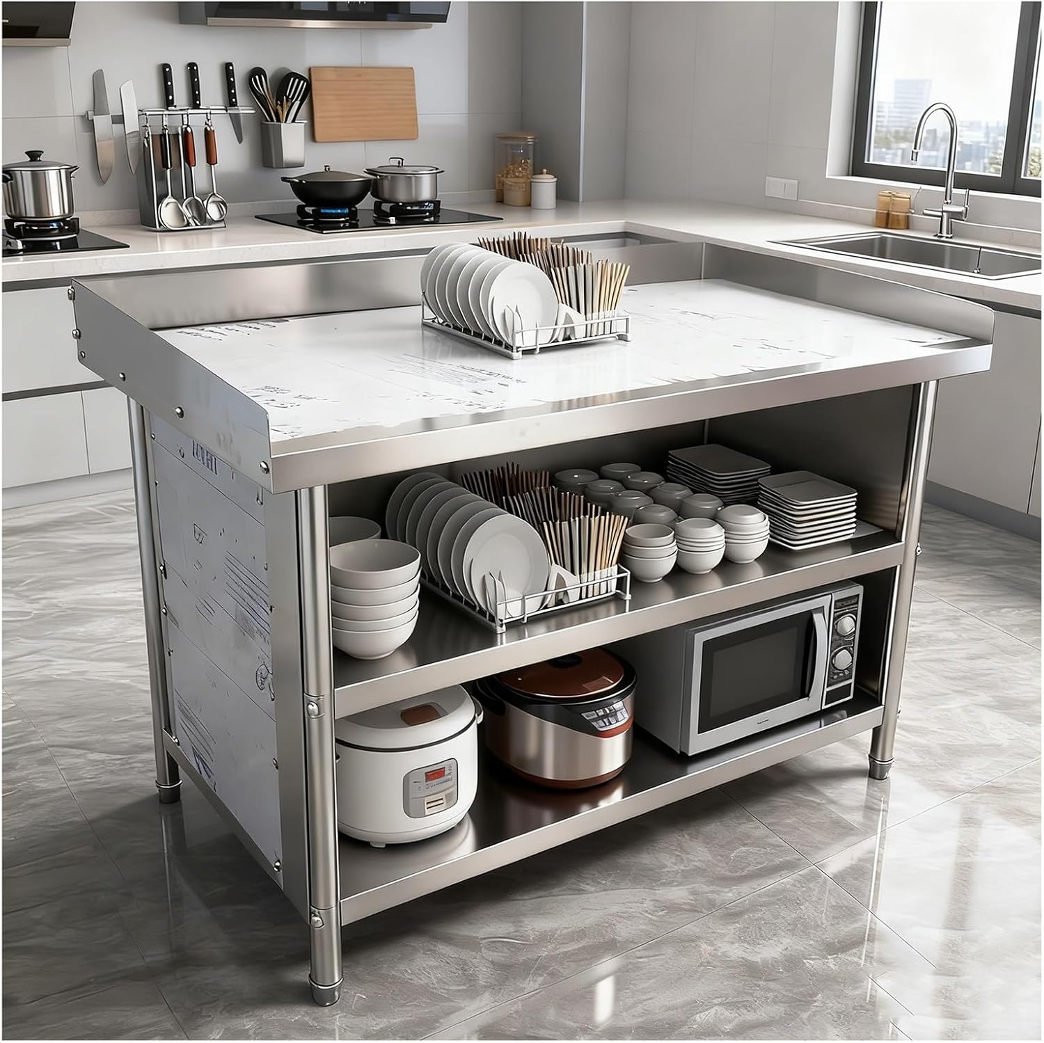 3-Tier Stainless Steel Workbench with 3-Sided Backrest and 3-Panel Enclosure Kitchen Work Table with Adjustable Legs Thickened Countertop Screw-Fastened for Secure Assembly Ample Storage Capacitility