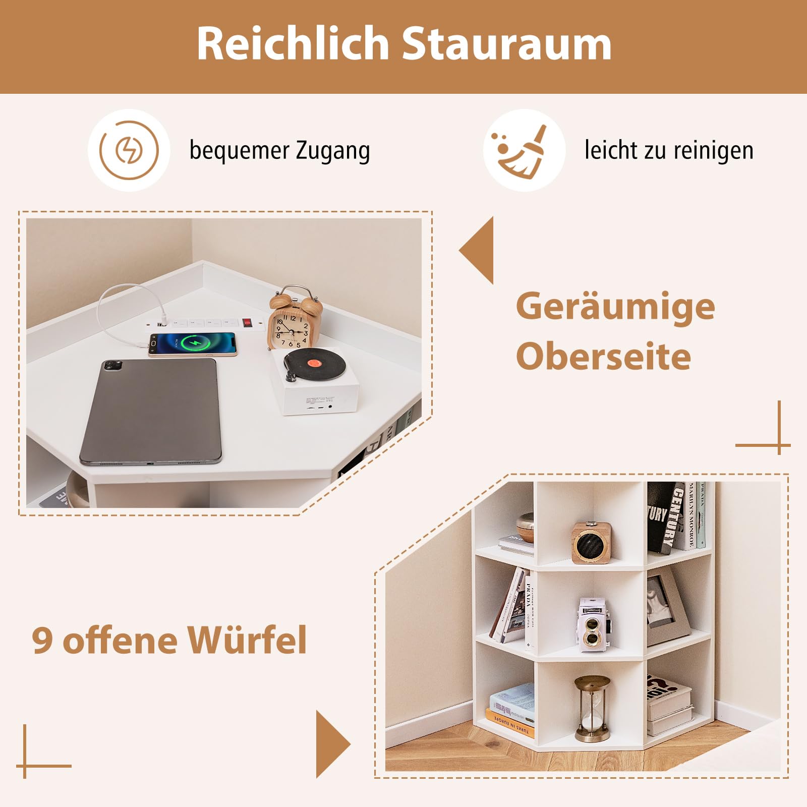 COSTWAY 3-poziomowy narożny regał na książki ze stacją ładującą, regał narożny z 9 przegródkami, 2 portami USB i 4 gniazdami, regał do przechowywania do sypialni, salonu (biały)