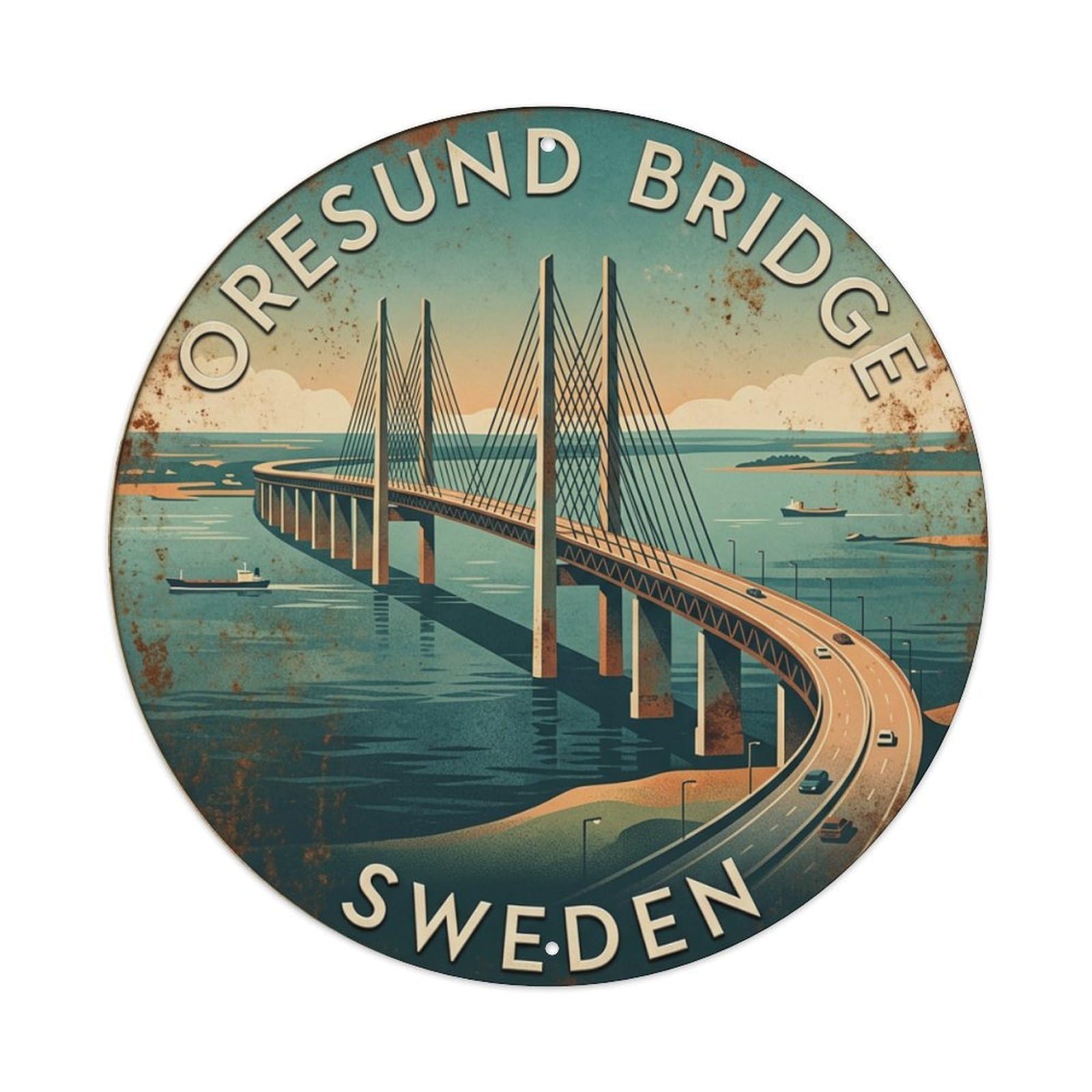 Vintage Travel Oresund Sweden Bridge Metal Tin Sign