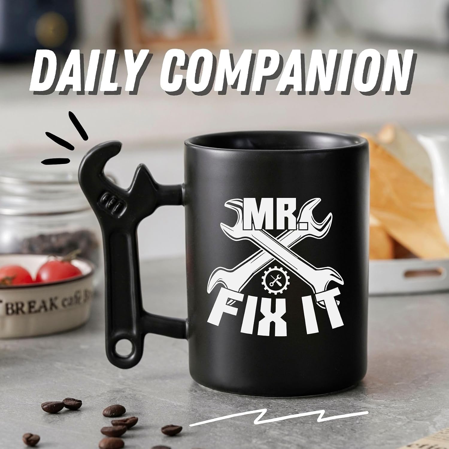 Onebttl Unique Gifts for Men, Funny Coffee Mug with Wrench Spanner Handle, Gifts for Dad, Husband, Grandpa, Handyman, Mechanic, 13.5 oz Ceramic Mug for Anniversary, Birthday, Christmas - MR. FIX IT
