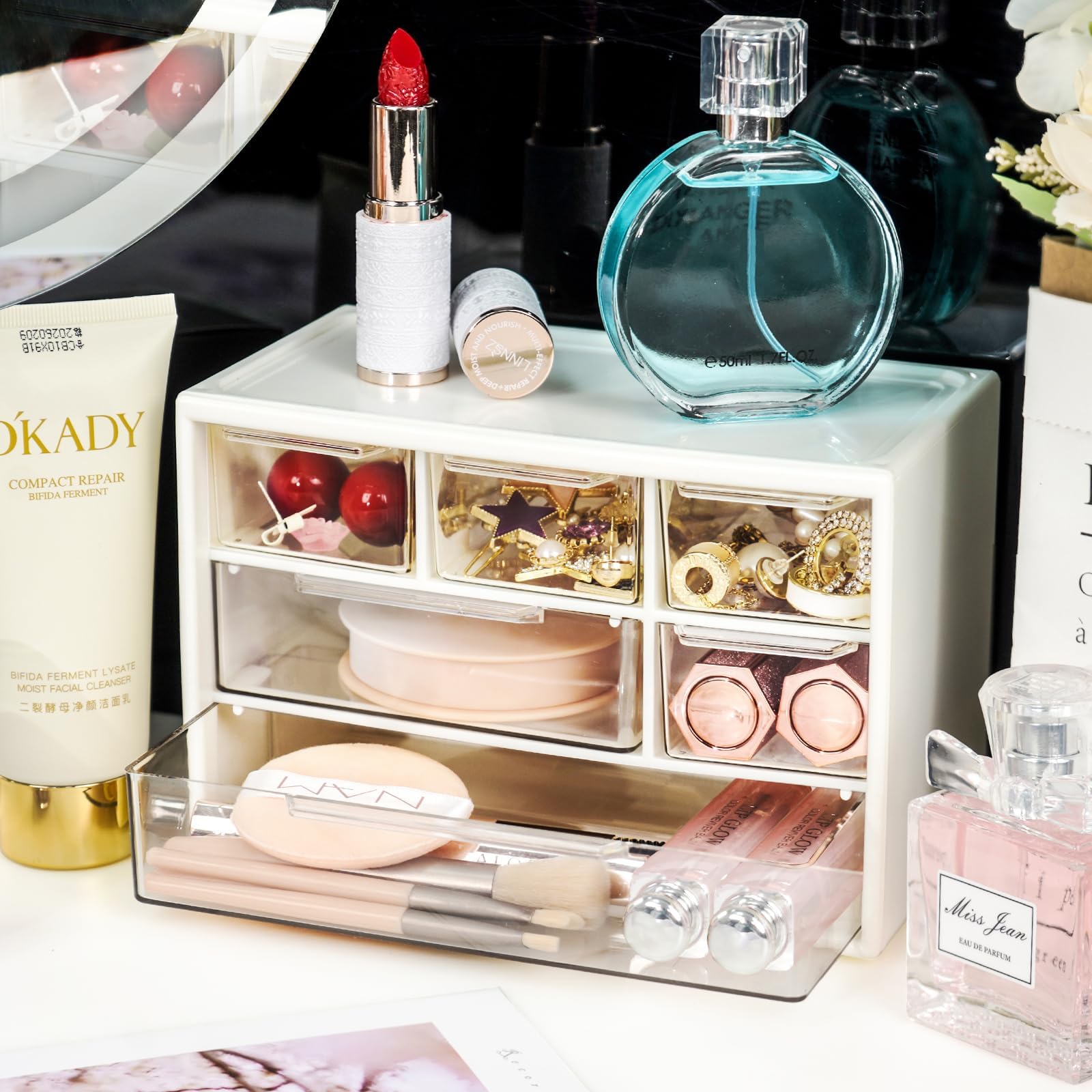 Mini Desk Storage Organizer with 6 Drawers, Stackable Desktop Craft Drawer Cabinet, Clear Storage Box Caddy for Makeup Jewelry Office Craft Supplies (White)