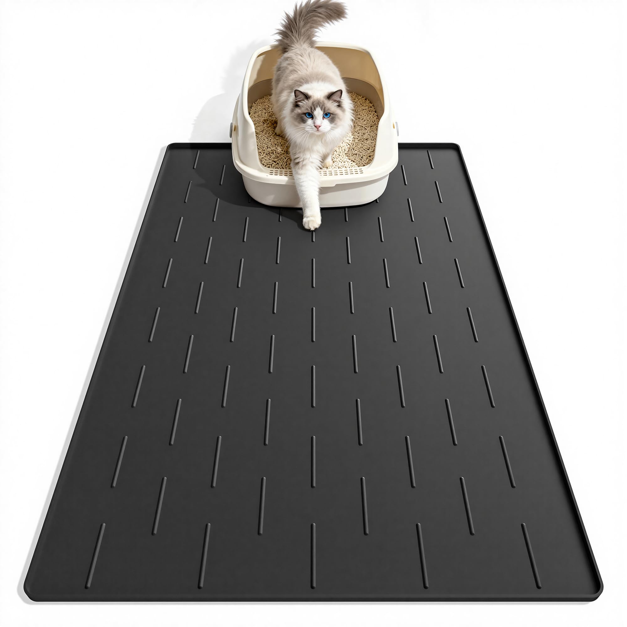 Pieviev Silicone Cat Litter Trapping Mat, 34''x22'' Large Cat Litter Mat, Easy to Clean & Soft on Kitty Paws, Waterproof Kitty Litter Pads for Indoor Cats, Black