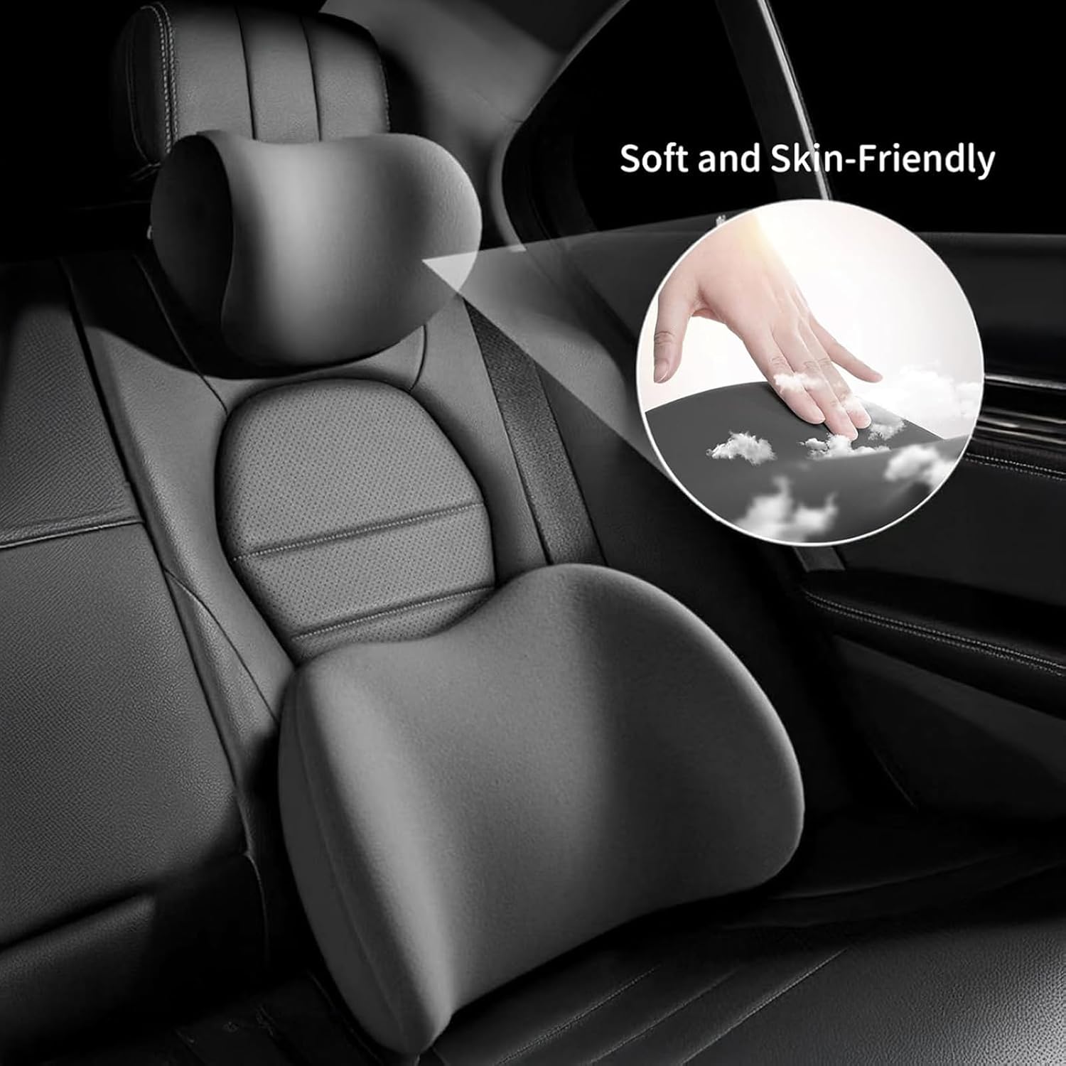 Car Headrest & Lumbar Support Cushion for Peugeot 208 I 2015-2019, Ergonomic Memory Foam Neck Rest Pillow with Breathable Removable Cover for Neck Back Pain Relief,Black