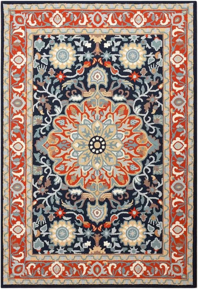Adeline Handmade 9' x 12' Navy Blue/Red Multi Floral Medallion Traditional Crafted Wool Area Rug for Living Room, Bedroom and Dining Room