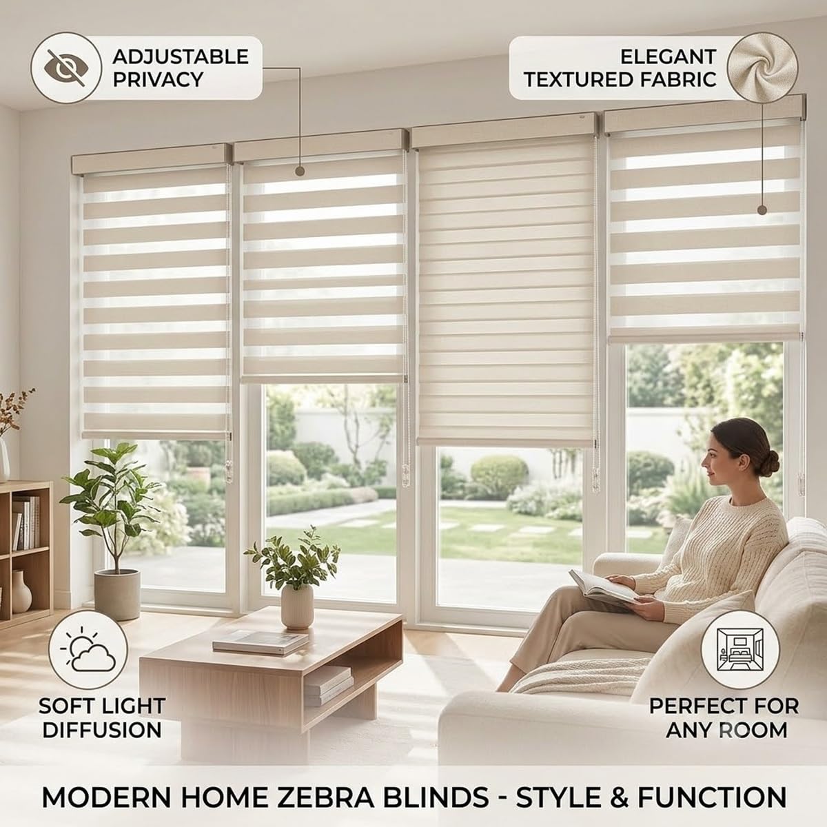 Tenda a Rullo Zebra per Interni con Catenella Laterale, 40-165cm | Tende Giorno e Notte Traslucida Doppio Tessuto, Installazione con Fori per Salotto e Casa(White,65W x 200H cm)