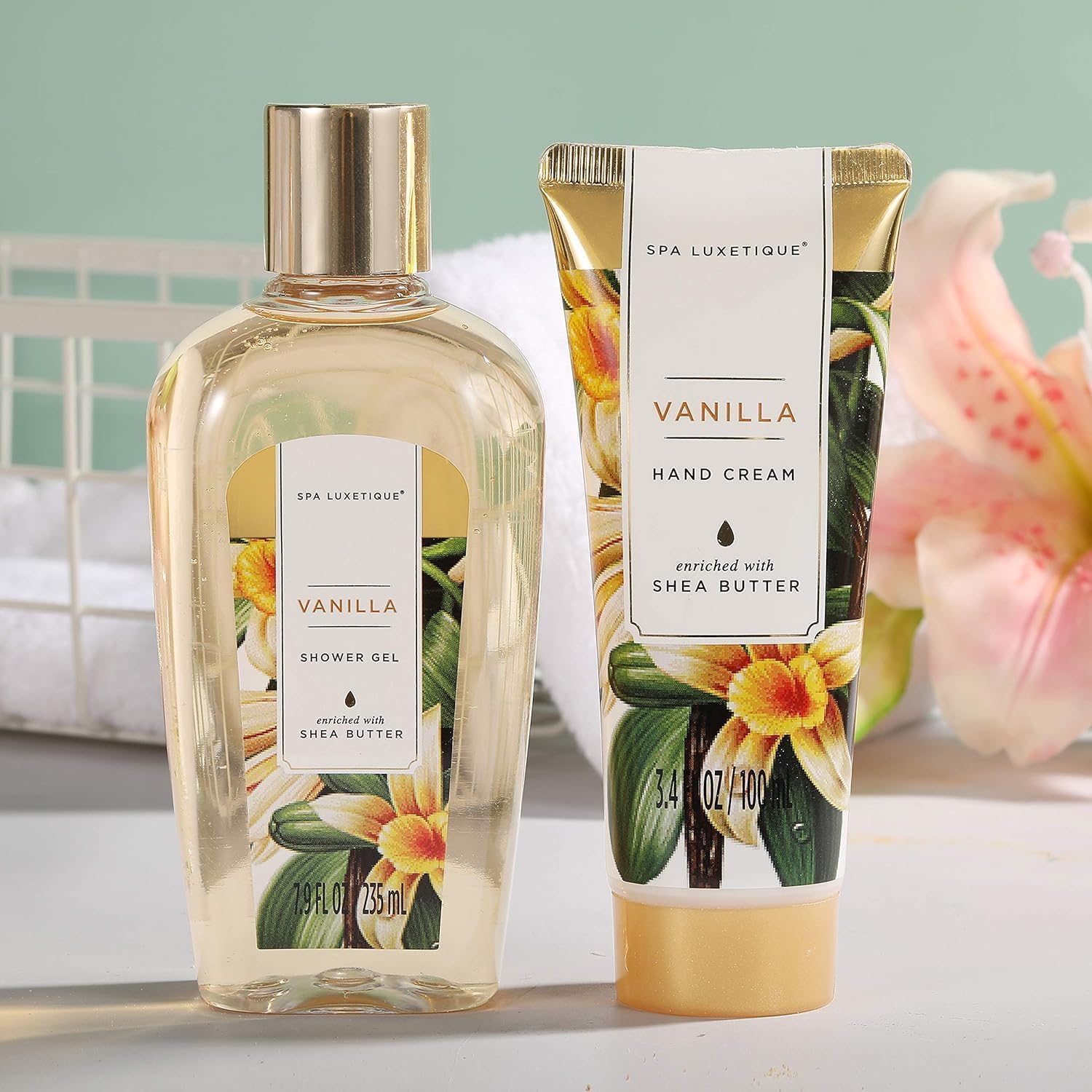 SPA LUXETIQUE 15 tlg. Bade Geschenkset für Frauen Vanilleduft mit Duschgel, Haarkappe & Handtasche