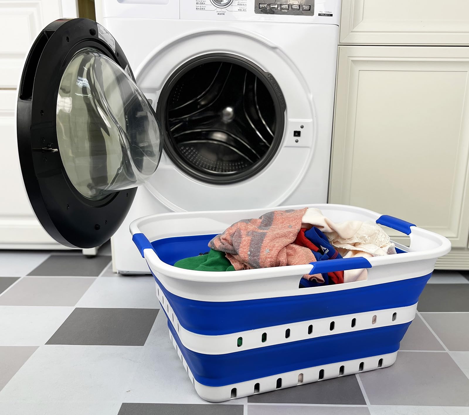 SAMMART Panier à linge pliable en plastique de 42 l - Panier de rangement pliable - Panier à linge portable - Peu encombrant (1, blanc/bleu foncé)