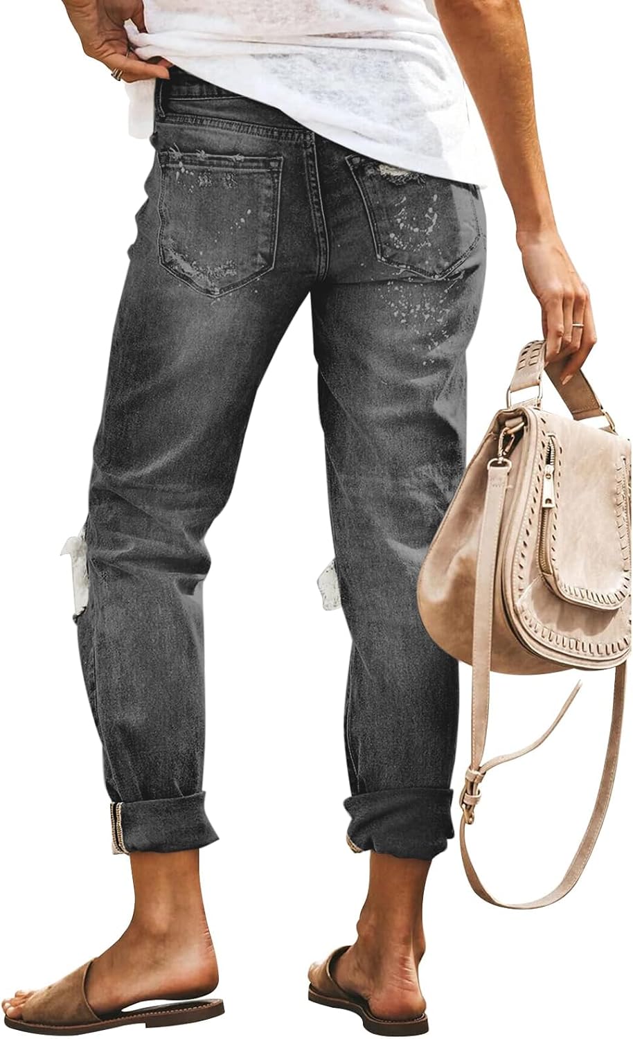 PerZeal Women's Jeans Comfy Stretchy Ripped Skinny Mid Waist Destroyed Denim Pants (Pack of 2) Grey&Dark Blue Large - Image 4