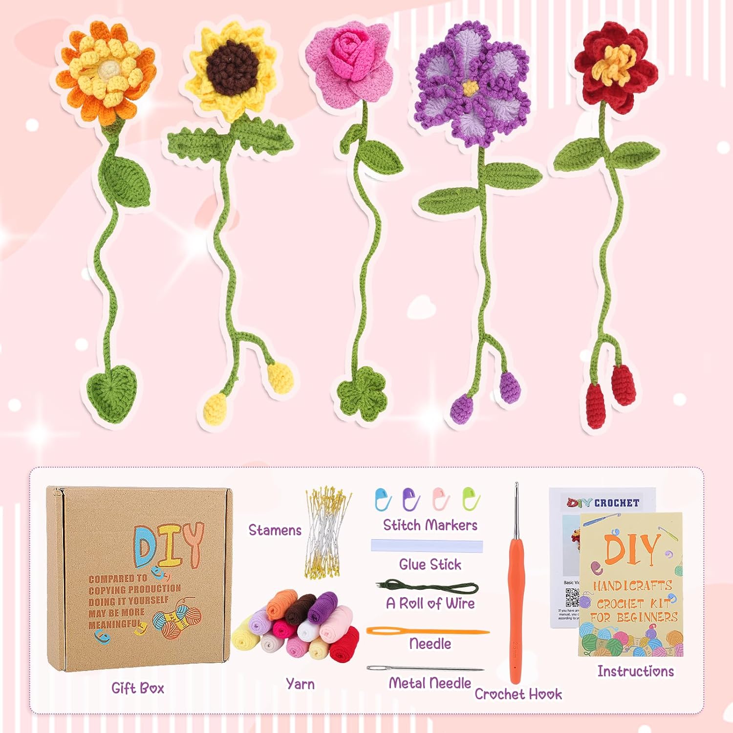 WSICSE 8 Pcs Crochet Flower Bookmarks, Handmade Floral Bookmark Knitting Kit with English Instructions Hook Yarn for Graduation Gifts Book Lovers