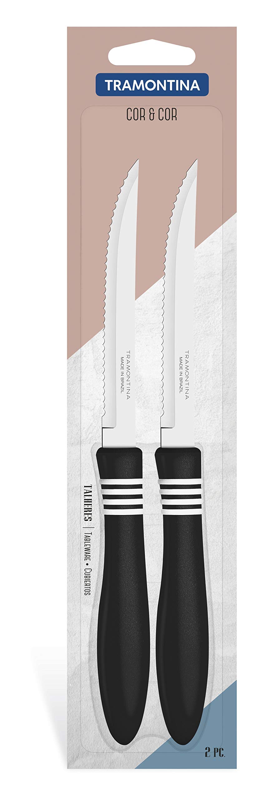 Tramontina Cor&Cor 2 Pieces Steak Knife Set with Stainless Steel Blade and Black Polypropylene Handle