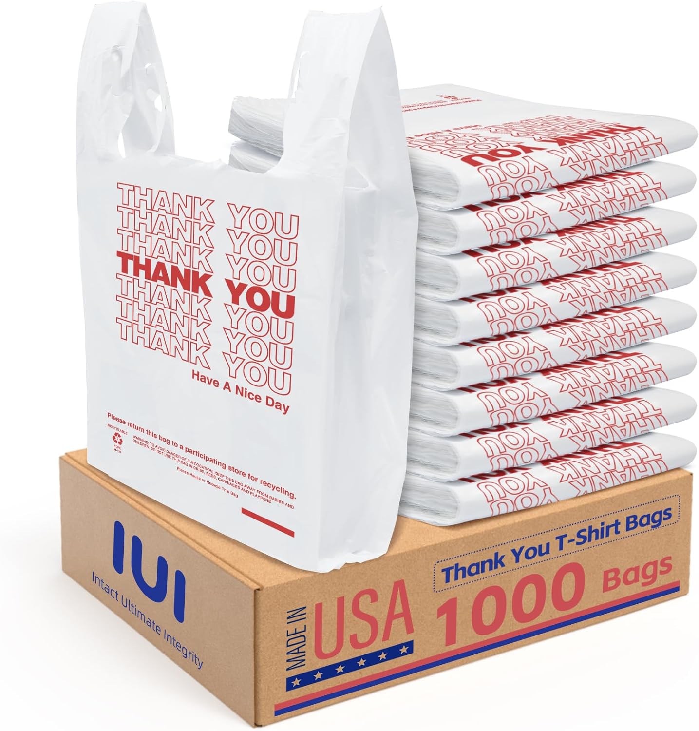 Thank You Plastic Bags1000 Count White With Handle 4 Gallon (11.5" x 6.5" x 21"), T-shirt Trash Bags Liner For Grocery, Shopping, Small Business, Restaurants (Made In USA)