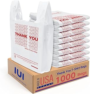 Thank You Plastic Bags1000 Count White With Handle 4 Gallon (12" x 6.5" x 21"), T-shirt Trash Bags Liner For Grocery, Shopping, Small Business, Restaurants (Made In USA)