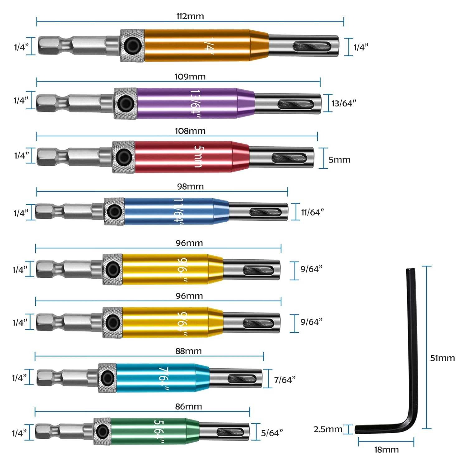 Self Centering Drill Bits Set for Hinges, Center Drill Bits VIX Bit Set with Flat Plastic Storage Case for Wood Woodworking Door Window Cabinet Hinge Total 10 PCS (Colorful)