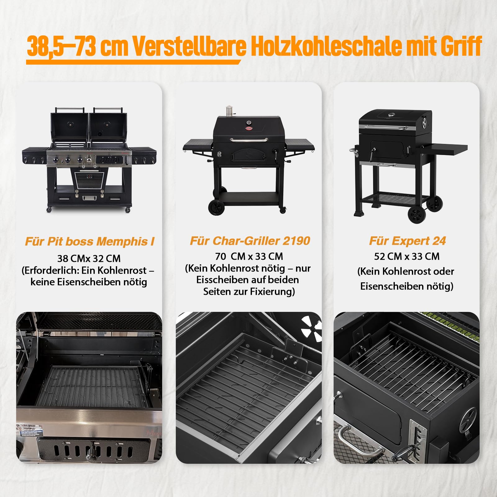 MGiessca 38-71 cm Bandeja de carbón vegetal ajustable para Tepro Toronto, Taino Hero XL, parrilla de carbón vegetal Activa Angular, piezas de repuesto universales para parrilla de carbón vegetal EL
