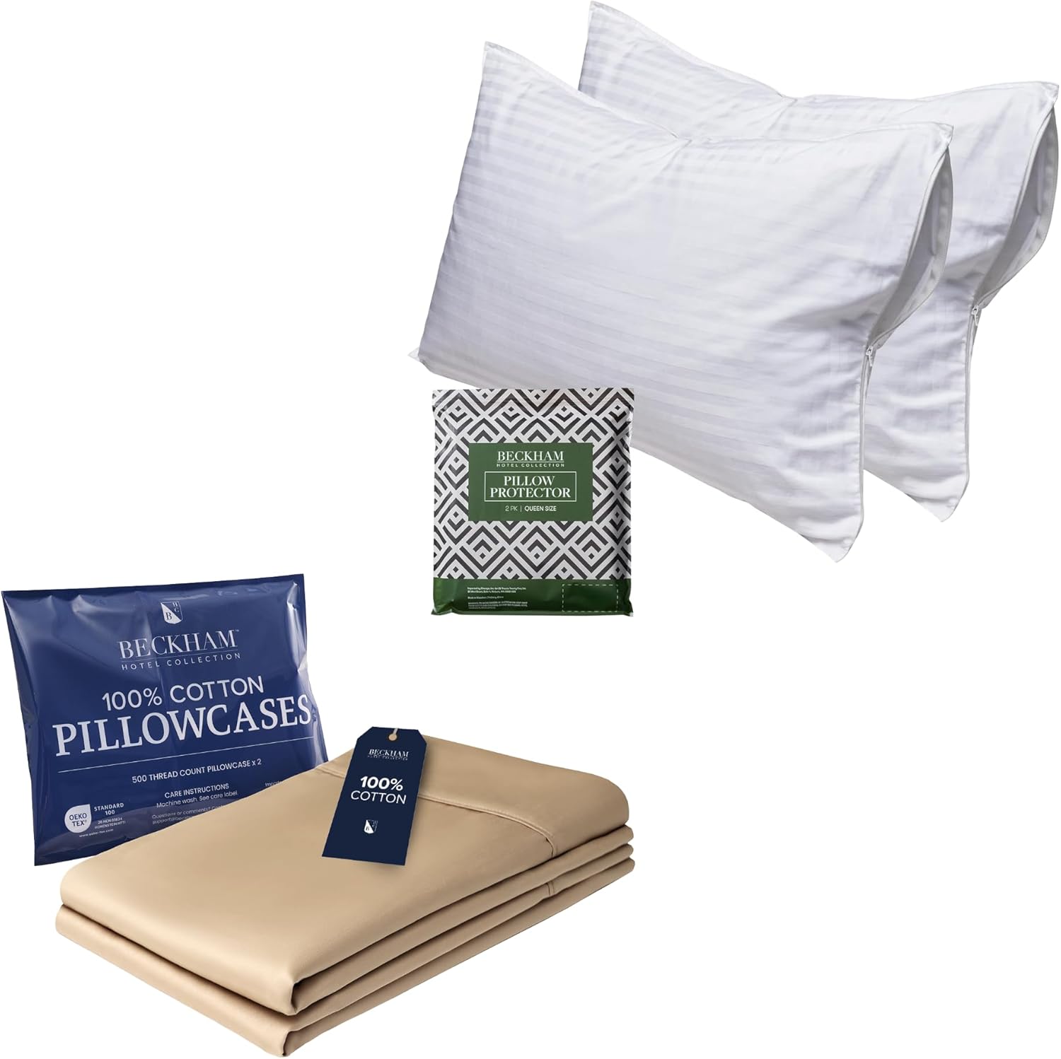 Beckham Hotel Collection Queen Size Pillow Protectors & Cotton Pillowcases - Set of 2, Sand