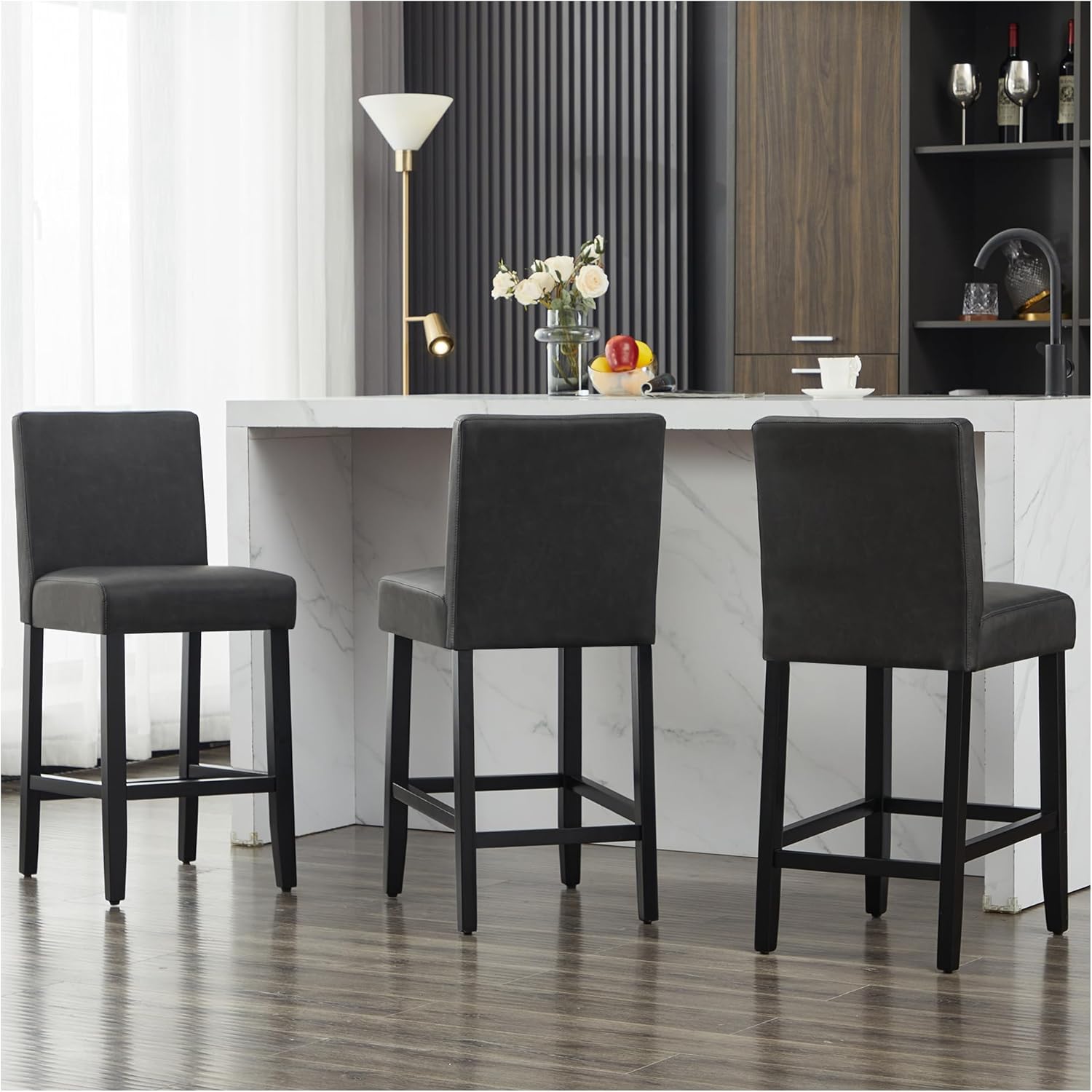 Bar Stools Set of 3, 26'' Counter Height Bar Stools, Modern Faux Leather Barstools with Soild Wood Legs and Back for Kitchen Island, Black