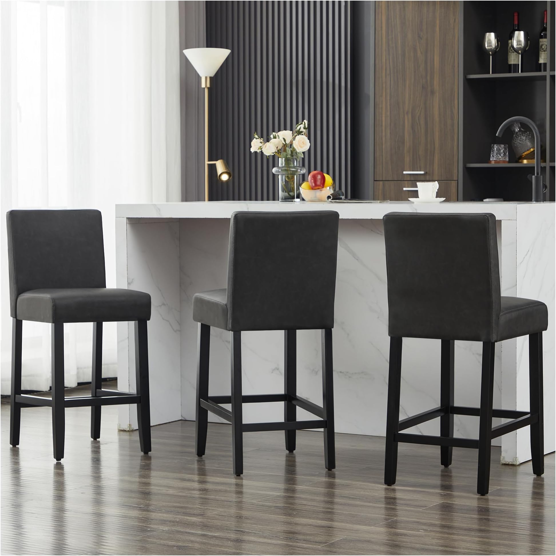 26'' Faux Leather Bar Stools Set of 3, Modern Upholstered Bar Height Bar Chairs, Soild Wood Legs Barstools with Back, Black
