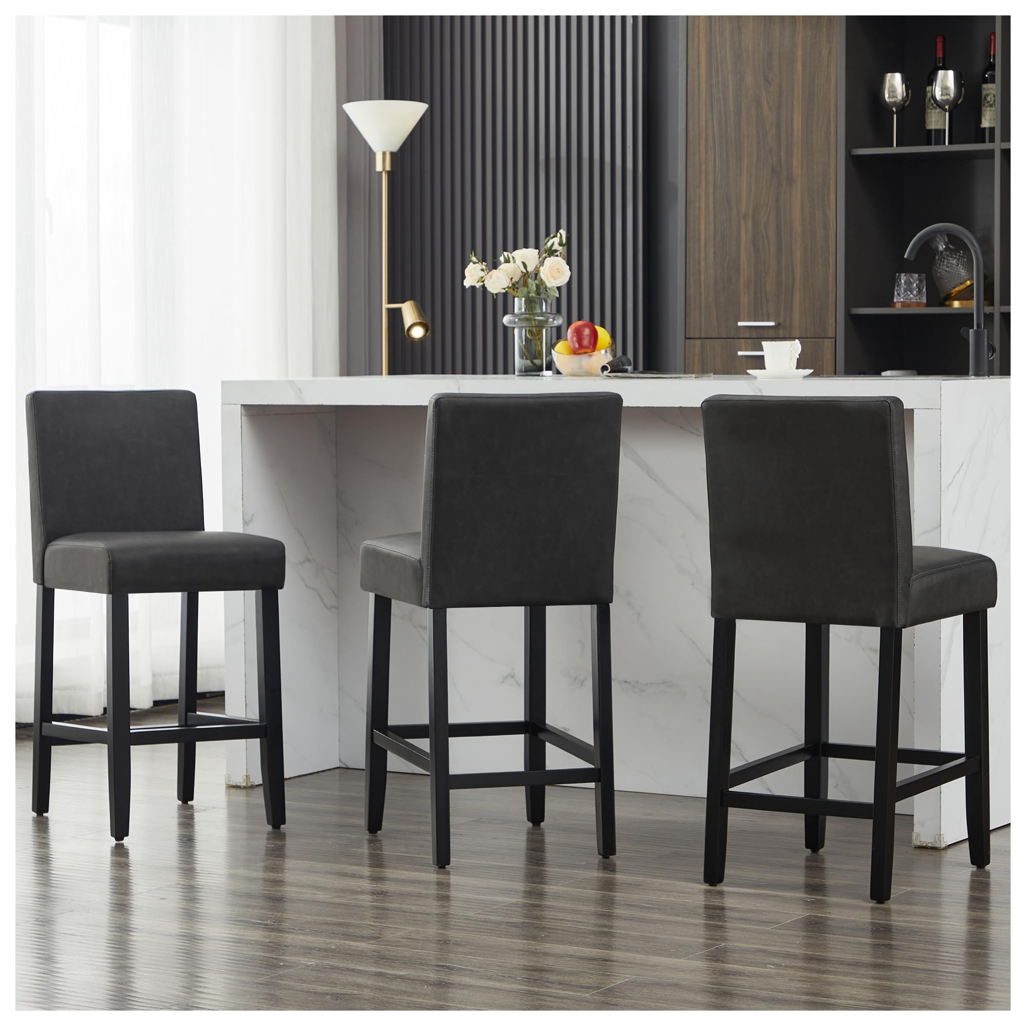 26'' Faux Leather Bar Stools Set of 3, Modern Upholstered Bar Height Bar Chairs, Soild Wood Legs Barstools with Back, Black