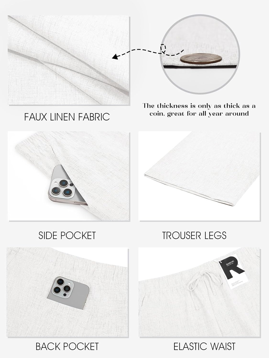 Runcati Mens Casual Linen Pants Elastic Waist Drawstring Summer Beach Pants Lightweight Loose Fit Yoga Trousers - Image 5