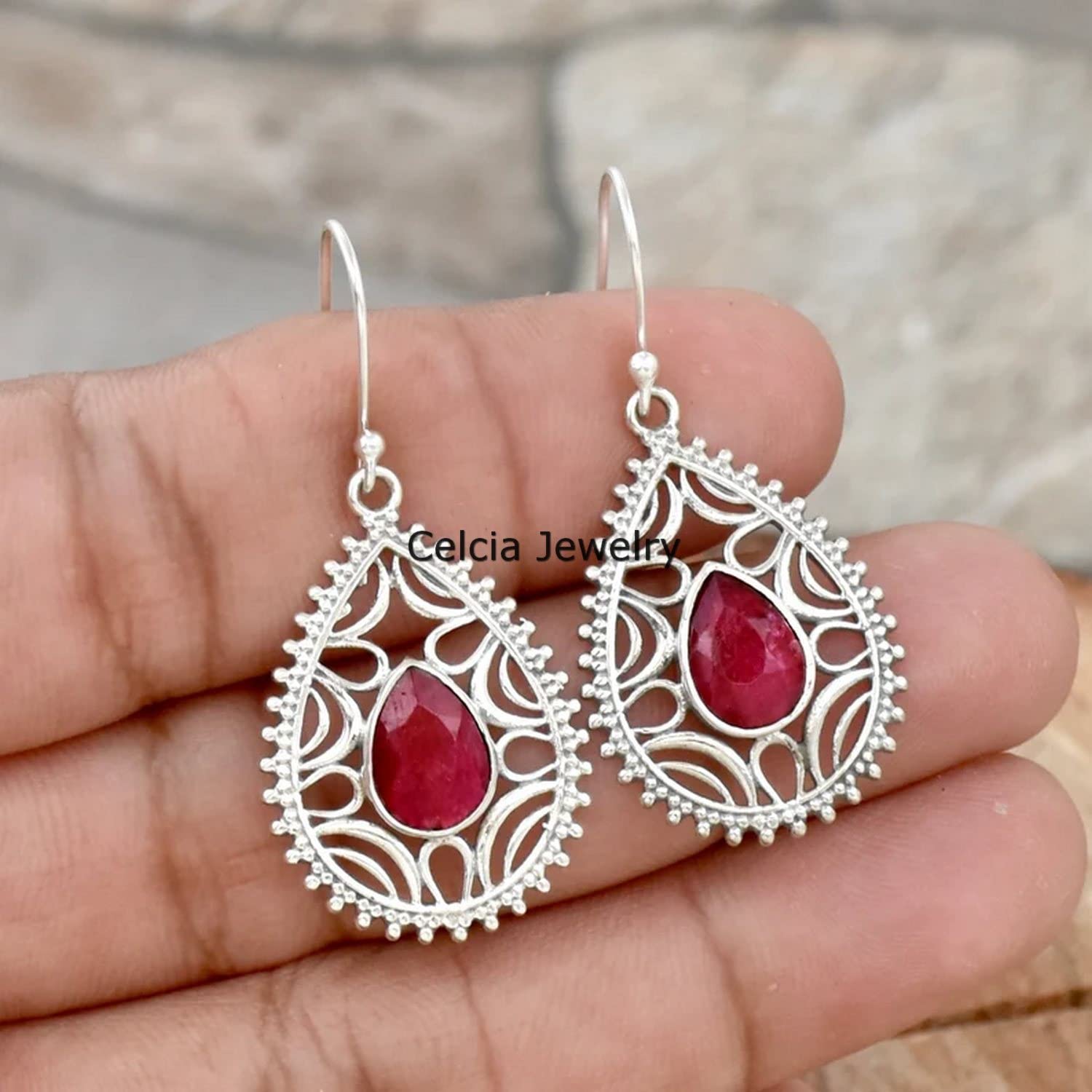 Orecchini pendenti a goccia in argento sterling puro 925 per le donne, orecchini con pietra preziosa rosa rubino naturale unici realizzati a mano con pietre di nascita di luglio per lei