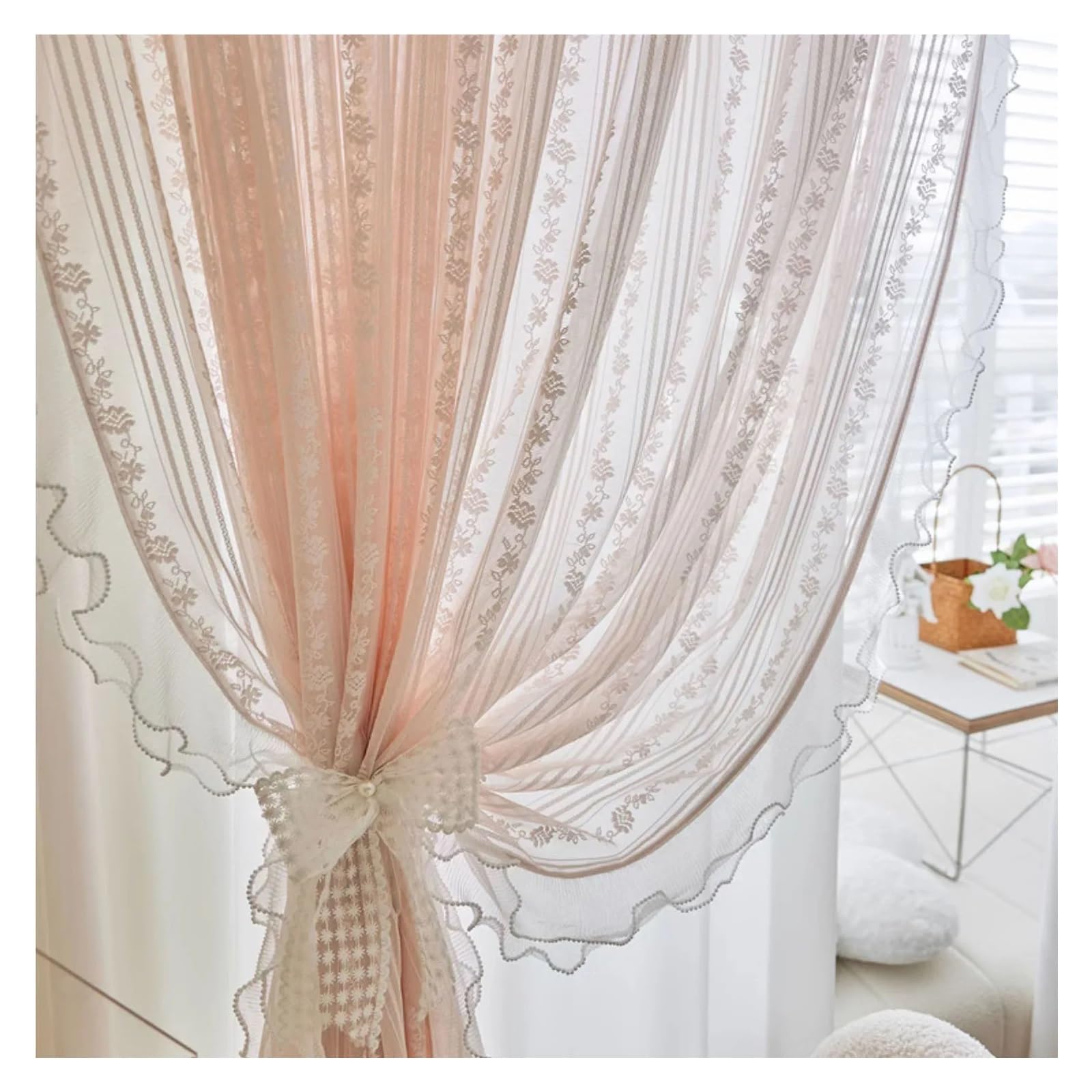 DFGRGRV Ruffle Curtains Romantic Sheer Ruffle Curtains For Bedroom Princess Style Bay Window Curtains(1PC W100 X H180cm)
