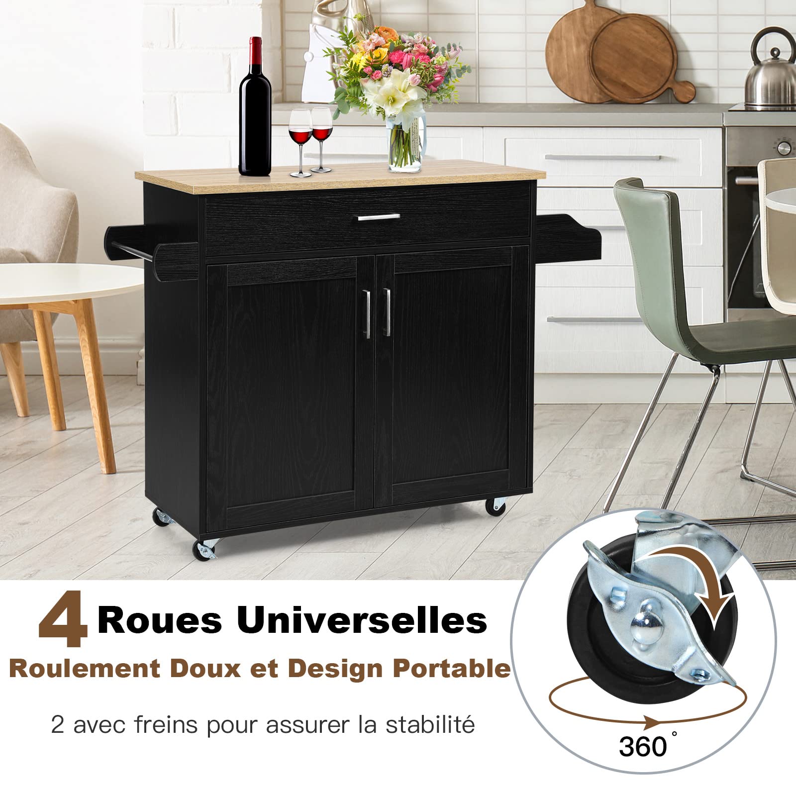 GOPLUS Desserte à roulettes avec Plan de Travail en Bois, 116x40x85CM, Desserte Cuisine avec Armoire à Étagère 2 Niveaux Réglables et Tiroir, Chariot de Service avec Porte-Serviettes Latéral, Cuisine