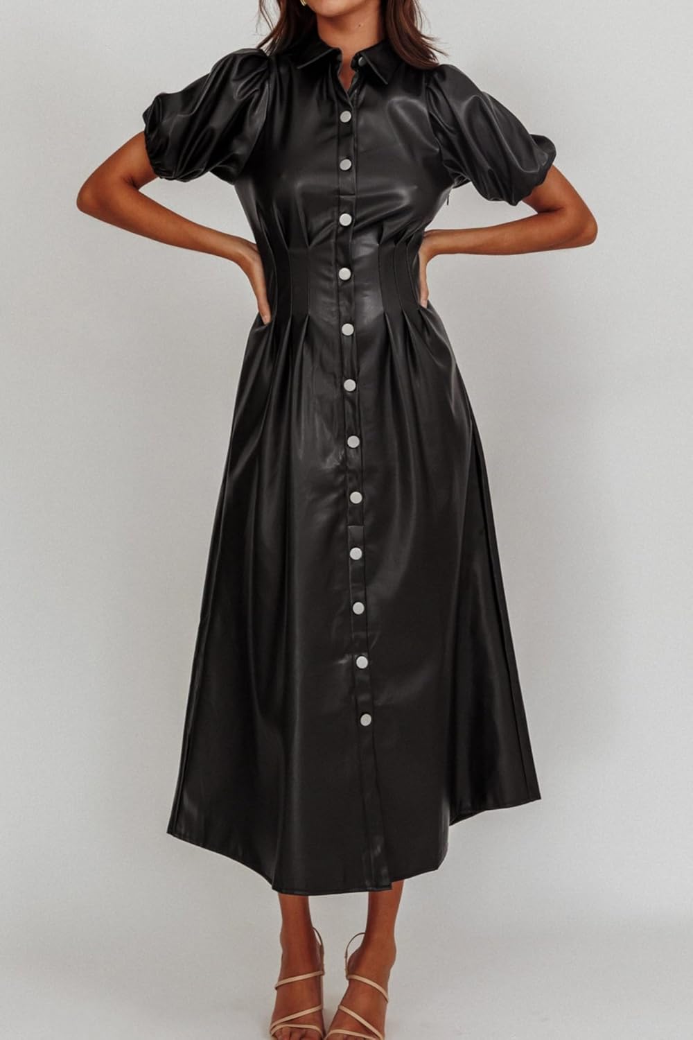 Womens Faux Leather Lapel Collared Pleated Button Down Short Sleeve Tunic Midi Dress Casual A-line Long Dress - Image 3