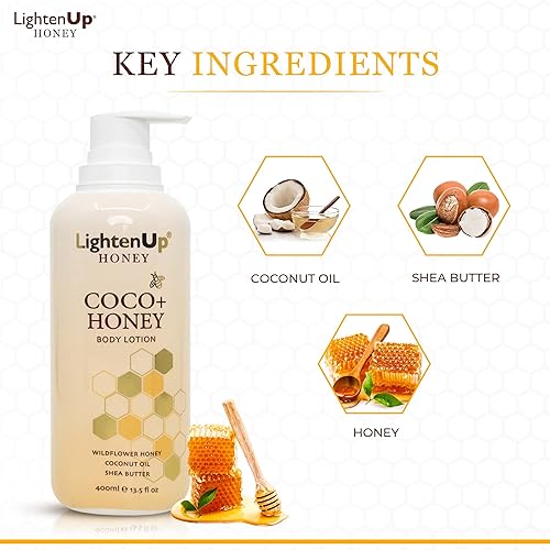 Miniatura 3 de Lighten-Up Honey, loción corporal iluminadora para la piel, 13.5 fl oz 13.5 fl oz, crema corporal hidratante en cara, rodillas, codos, con manteca