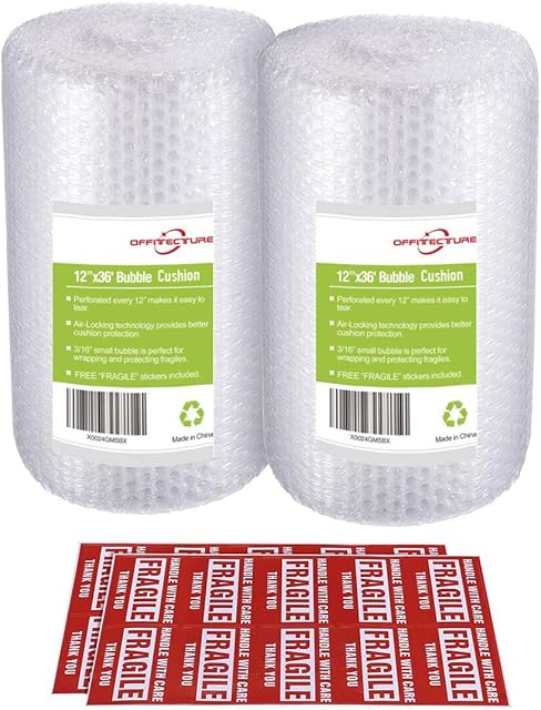2-Pack Bubble Cushioning Wrap Rolls, 300mm x 22m Total, Small Air Bubble and Perforated Every 300mm, 20 Fragile Stickers Included