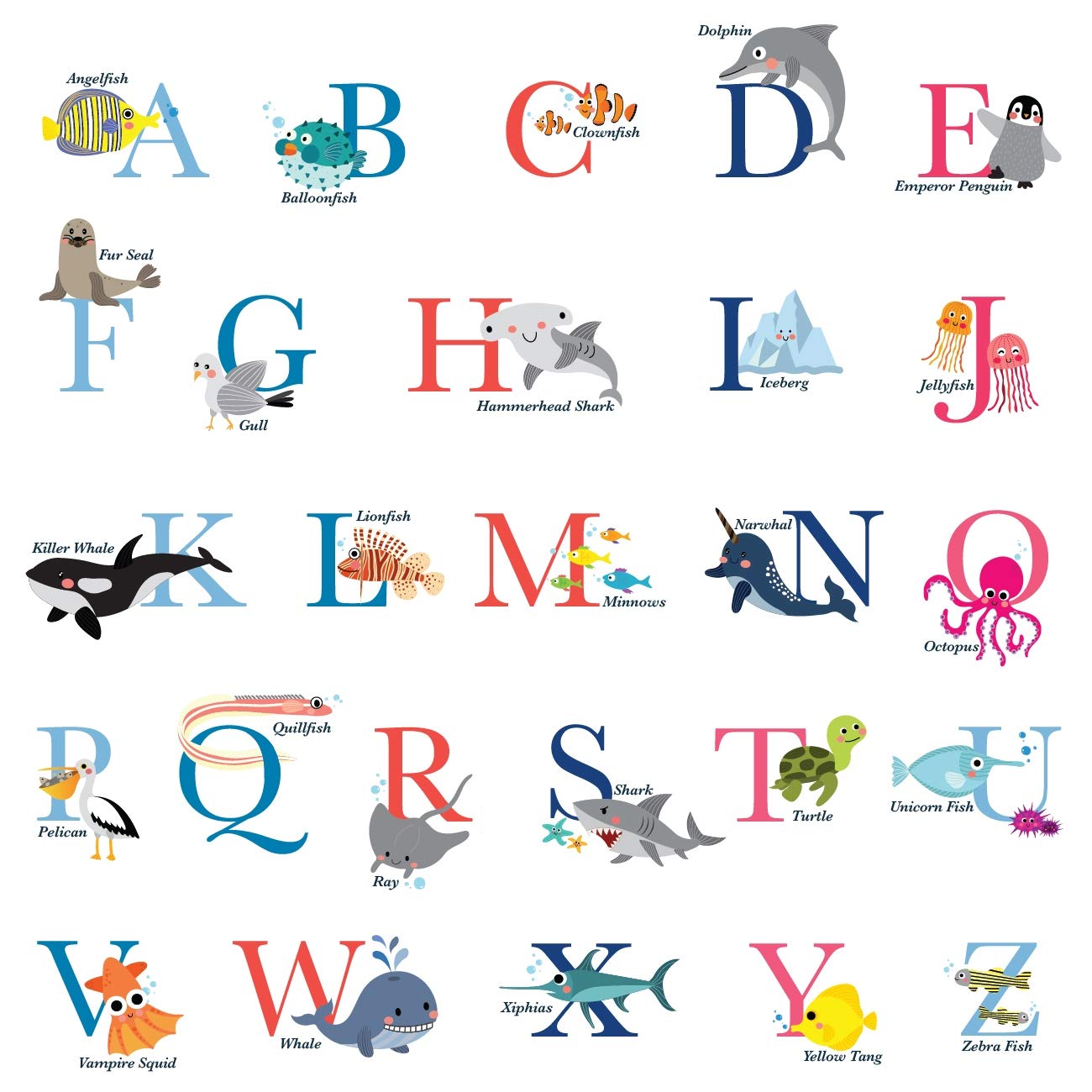 DECOWALL DS-8040 A-Z Ocean Alphabet (Small) Kids Wall Stickers Decals Peel and Stick Removable for Nursery Bedroom Living Room Art murals Decorations