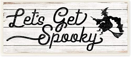 Stupell Industries Placa de pared con frase "Let's Get Spooky Phrase Rustic Halloween Witch Wood" por Daphne Polselli, 7 x 17 pulgadas