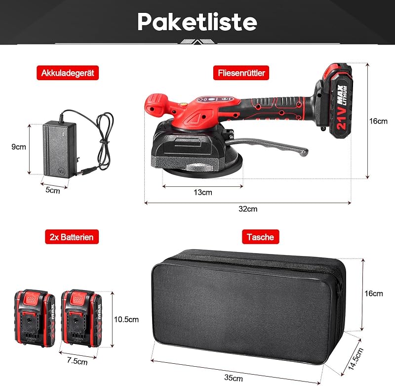Ricyea 21V-os Csempevibrációs Készülék 5 Sebességgel, 130mm Tapadókoronggal, 0,2-1,2m Csempékhez, Fali Burkolatokhoz - 2 Akkumulátorral és T
