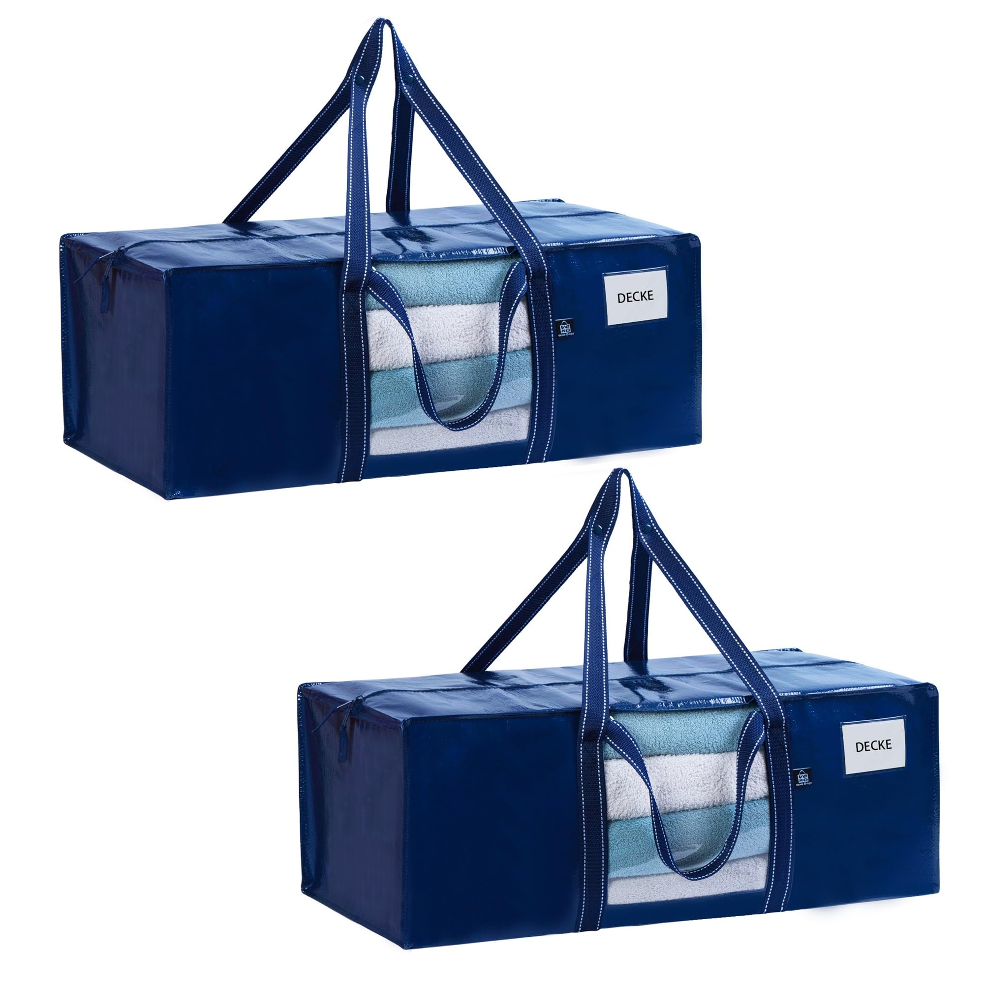 VENO 87 Liter Aufbewahrungstasche Faltbare Umzugstaschen mit Schultergurt, verstärkter Griff Kleideraufbewahrung Aufbewahrungsbox für Bewegen, Reisen (Blau mit Fenster and Schultergurt, 2er-Pack)