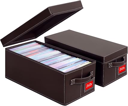 Set of 2 Brown Faux Leather DVD Storage Boxes - Holds 25 Standard DVD Cases | Faux Leather & Dustproof Lids & Stackable