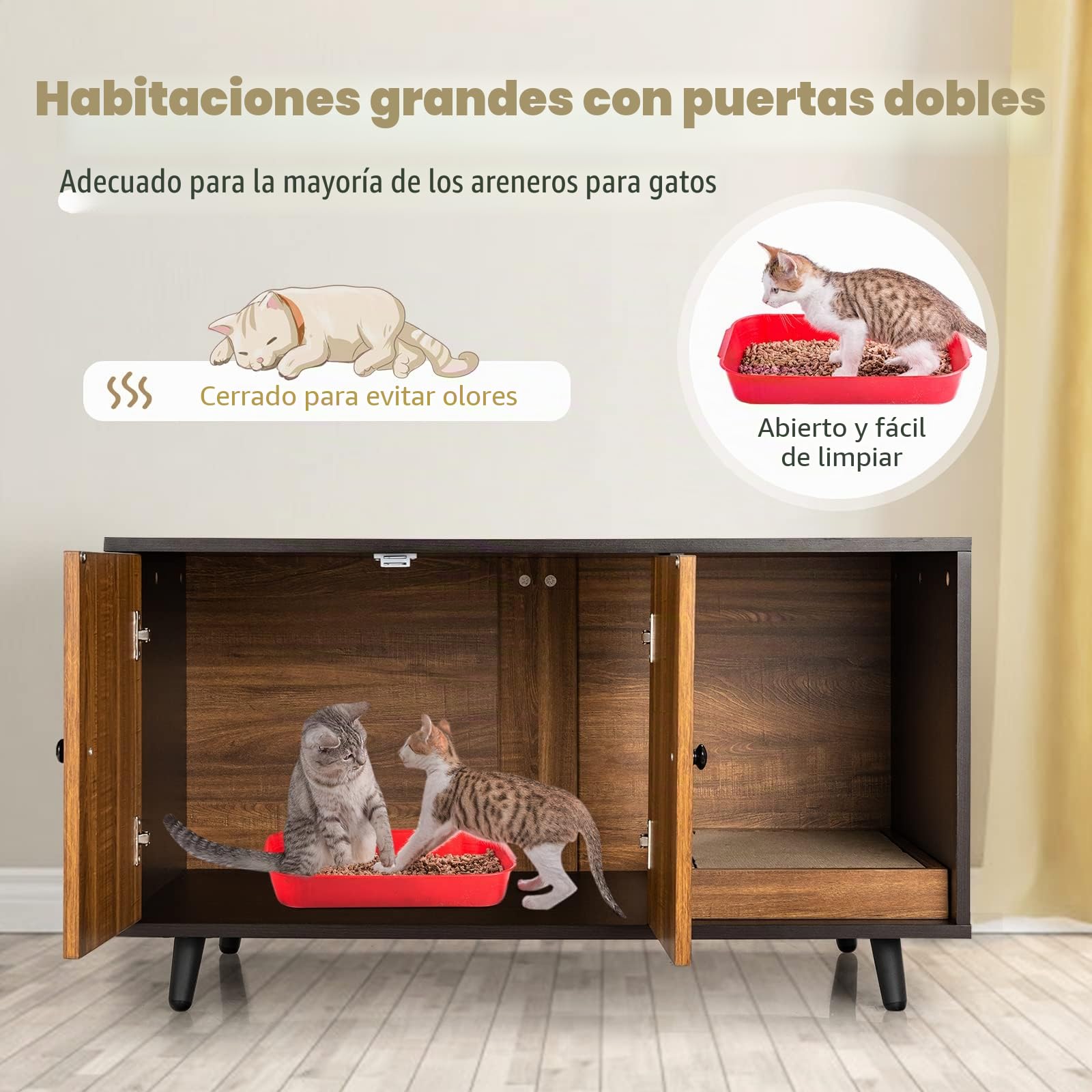 GOPLUS Armario para gatos 2 en 1 para arenero, casa de gatos de madera con puertas, patas de acero, caja rascador extraíble, resistente al agua y a los arañazos, cueva para gatos y mascotas, 90 x 50 x