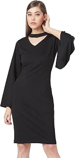 Miss Chase Women's Black V-Neck Flared Sleeve Solid Bodycon Knee-Long Dress