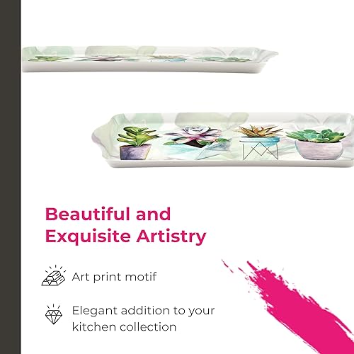 Miniatura 3 de Pimpernel Succulents Bandeja rectangular para aperitivos con asas, 15.1 x 6.5 pulgadas, bandeja botánica de melamina para café, desayuno o dulces,