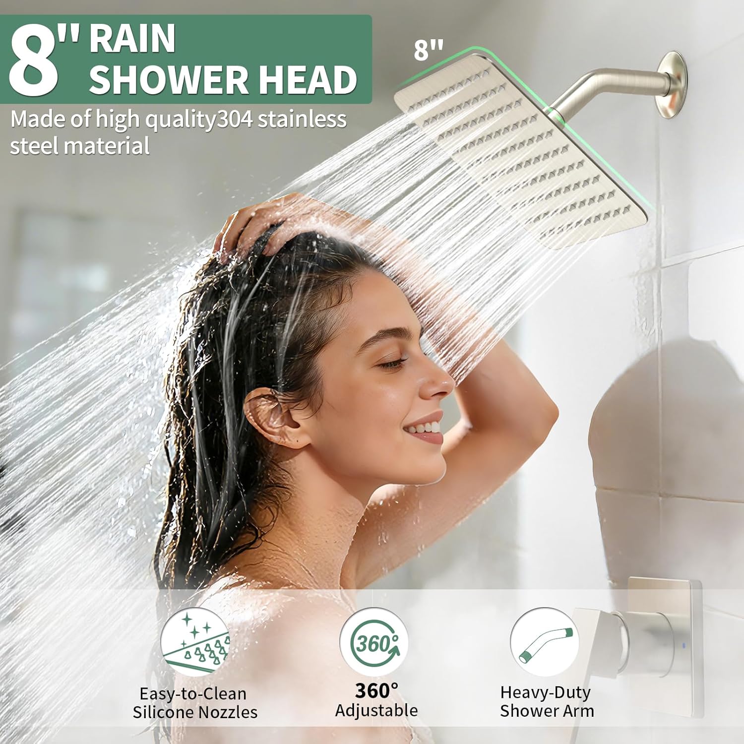 SunCleanse Tub Shower Faucet Set with Pressure Balance Valve, 8-Inch Rain Shower Head and Tub Spout, Single-Handle Shower Trim Kit, Shower Head and Handle Set for Bathroom, Brushed Nickel