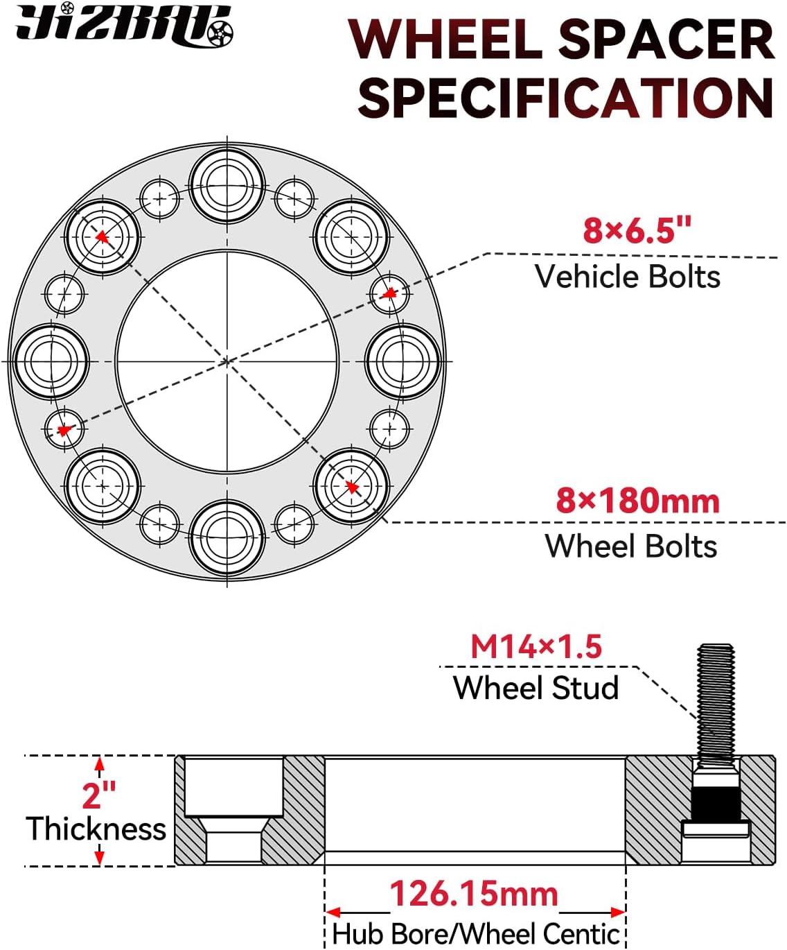 YIZBAP 2PCS 8x6.5 to 8x180 Wheel Adapters for Silverado 3500 Wheels on Sierra 2500HD Vehicle, 2 inch 8x165.1mm to 8x180 Wheel adapters 126.15mm Hub Bore with 14x1.5 Thread Pitch