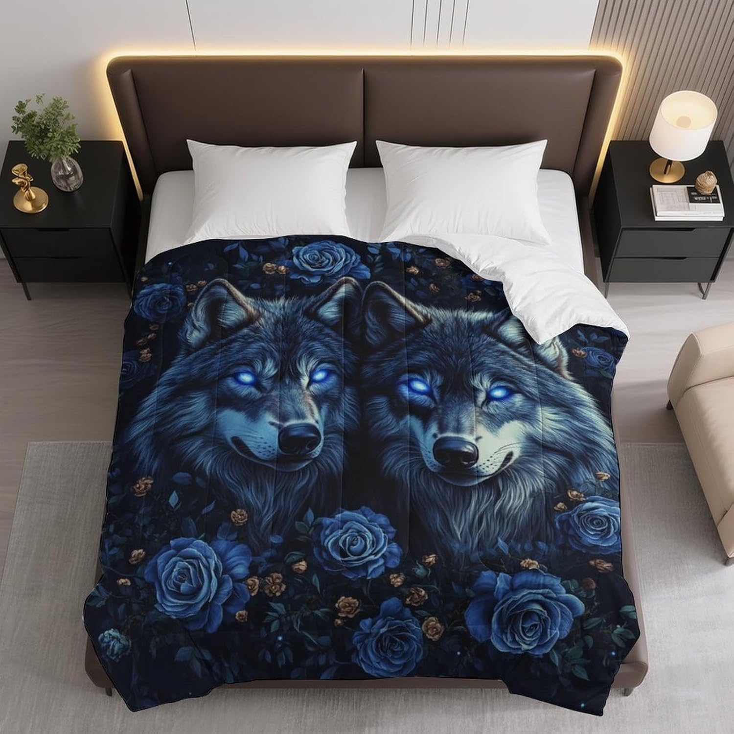 Blue Wolf Roses Comforter Bedding Heavy Bed Blanket Soft Warm Fluffy All Seasons Only Quilt 229x229cm